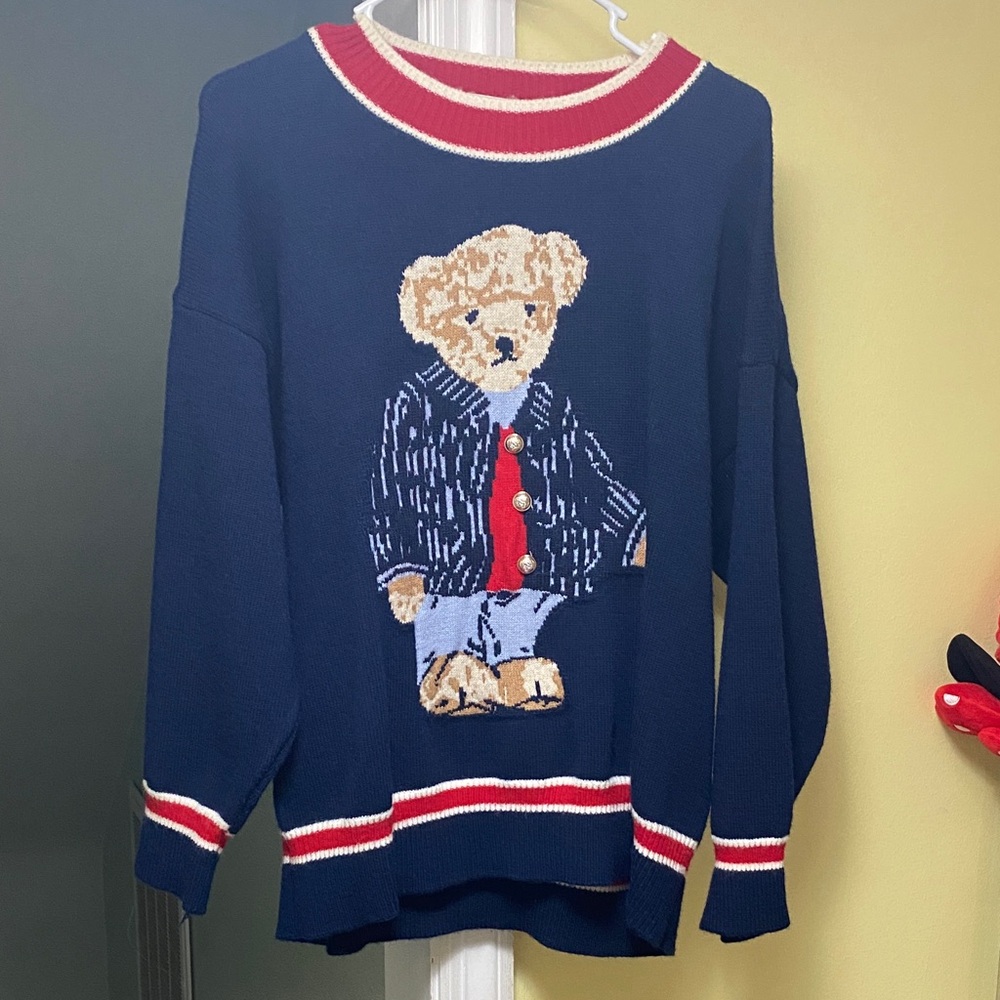 Cider Navy Bear Crewneck Sweater with Red & White Trim